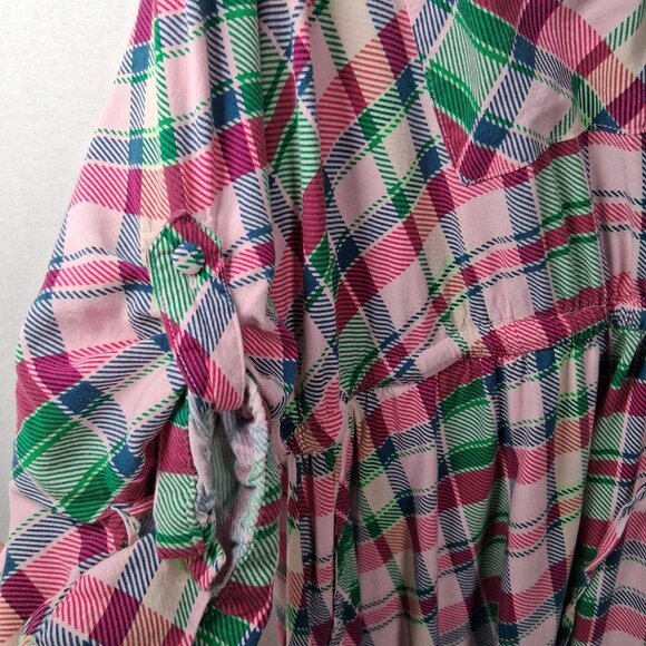 Torrid Dress Size 3 Plus Size 3X Pink Green Blue Pliad Roll Sleeve Midi Zip - Picture 6 of 16